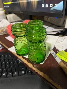 Vintage Green Embossed Glass vases or jars Set of 3